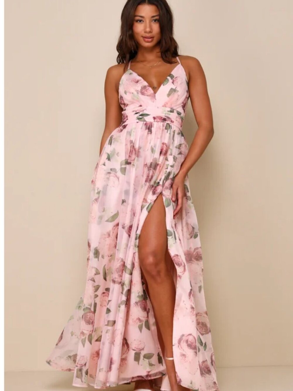 Lulus Women's Size XL Romance That Wows Blush Floral Print Organza Maxi Dress